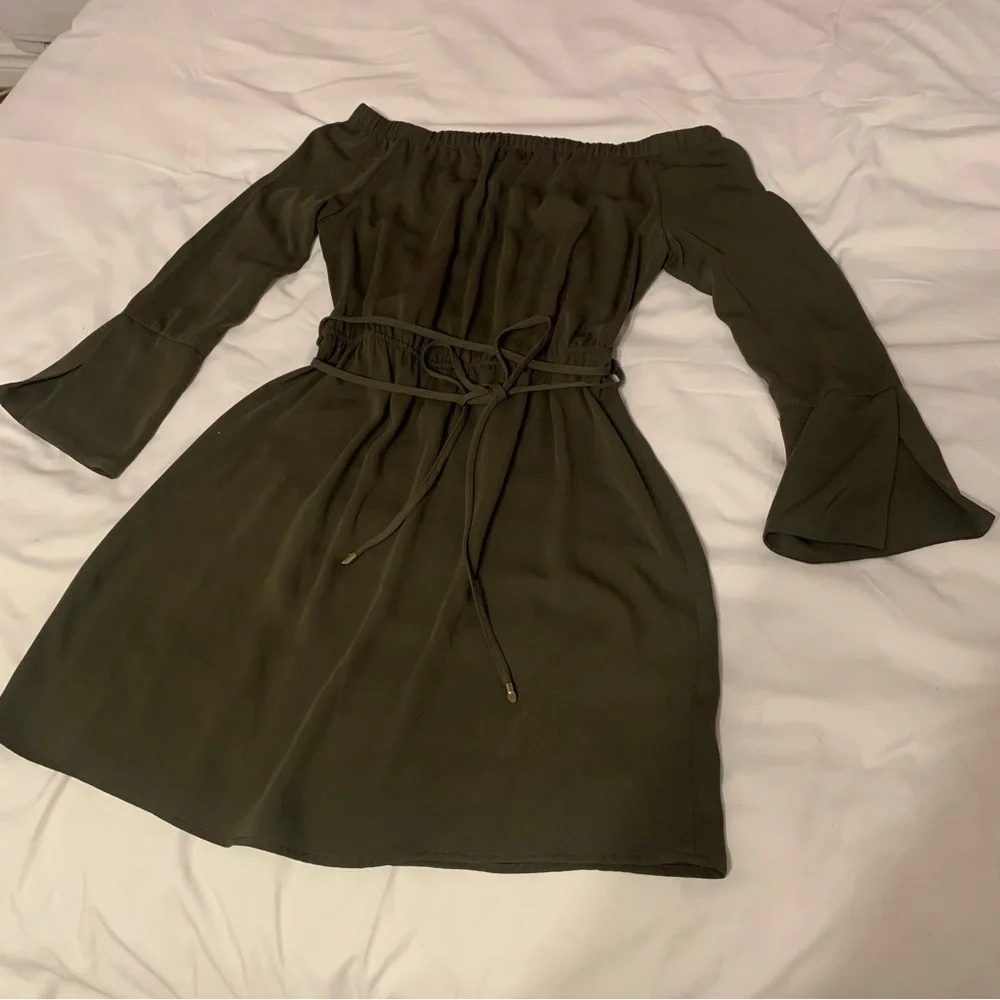 Elegant Khaki Off-Shoulder Princess Dress | Resort Chic | Coastal Luxe Style - Picture 2 of 7